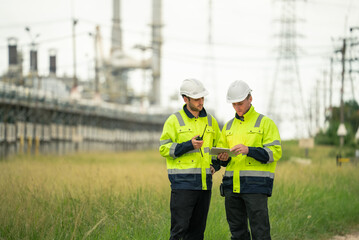 Engineers wearing safety gear discussing work at an oil refinery plant. Industrial background with metal structures and pipelines. Professional teamwork and communication in the energy indust