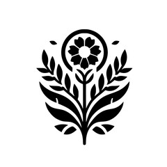 Obraz premium Minimalist Symmetrical Floral Graphic Icon - Black and White Stylized Plant Motif Illustration