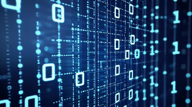 Blue binary code streams across a dark digital landscape