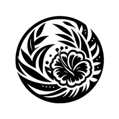 Stylized Floral Circle Graphic - Monochromatic Tribal Hibiscus Flower Design Element © MatandSterre