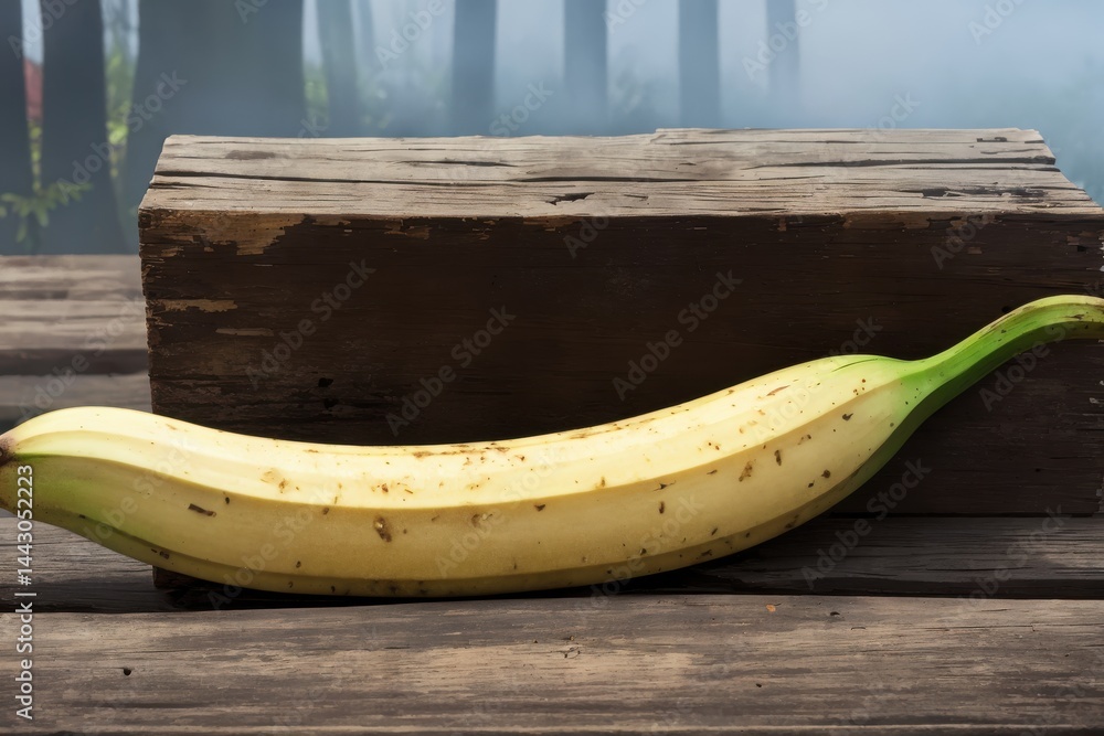 Poster fresh yellow banana resting on a rustic wooden surface surrounded by a misty atmosphere in a nature 