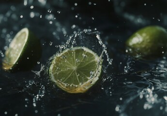 Citrus Splash In Dark Water Close Up Of Green Fruit