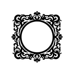 Elegant Black Ornate Circle Frame with Decorative Vintage Flourish Border, Isolated Silhouette on White