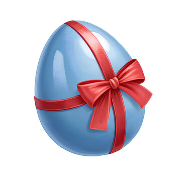 3D Blue Easter Egg with Red Ribbon Bow Isolated on White or Transparent Background &ndash; High Quality Festive PNG Image