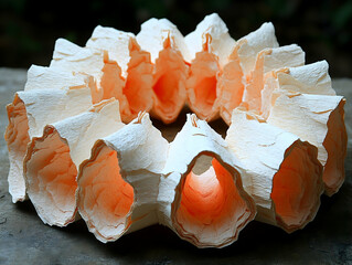 Crepe paper tubes artfully arranged creating abstract shapes illuminated with soft orange light within