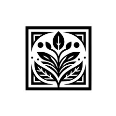 Stylized Black and White Graphic Plant Emblem with Geometric Frame - Minimal Vector Illustration