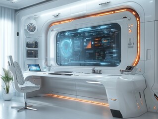 Futuristic Command Center: A Gleaming White Space Station Interior with Advanced Technology Displays and Ergonomic Design for Space Exploration.