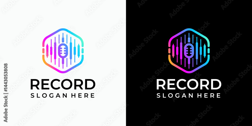 Poster sound wave and microphone vector logo design in hexagon shape with modern, simple, clean and abstrac