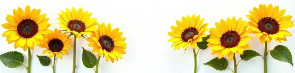 Obraz premium Seven sunflowers scattered asymmetrically on white backdrop , composition, happy, scattered