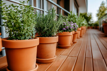 Fototapeta premium Terracotta pots filled with herbs and flowers line a modern balcony, showcasing a vibrant urban garden.