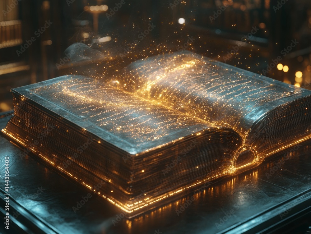 Poster mystical tome: an open book radiates golden particles, revealing ancient knowledge and illuminating 
