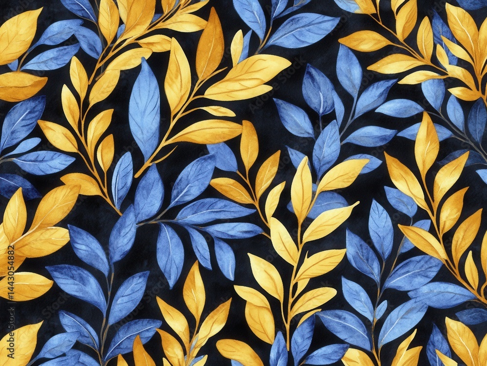 Aufkleber elegant watercolor pattern featuring golden and blue leaves against a dark background creating a vis