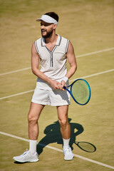 Handsome man in white sportswear enjoys summer tennis on the court