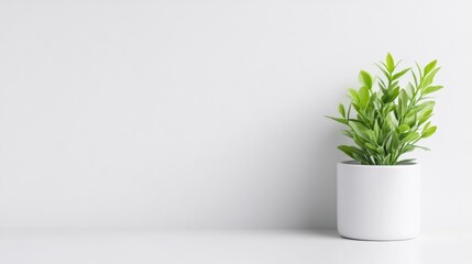 A green plant in a white ceramic pot placed on a minimalist white shelf, simple and clean interior design, and modern home decor concept.