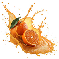 Orange Fruit Splashing in Orange Juice Isolated on White or Transparent Background – High Quality PNG for Juice and Fruit Designs