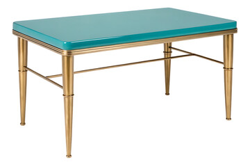 Retro teal table with gold legs on transparent background