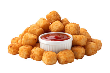 Pile of golden tater tots with ketchup on transparent background