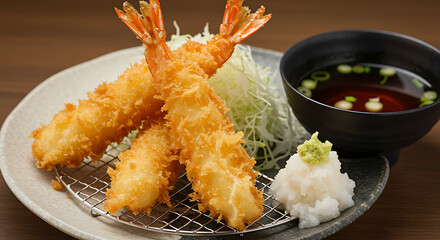 Golden crispy fried shrimp served with shredded cabbage, grated radish, wasabi, and a savory broth on a light gray plate.