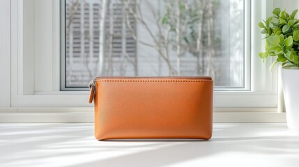 Tan cosmetic case on windowsill