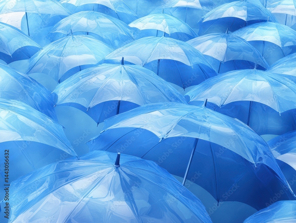 Poster serene sea of transparent blue umbrellas creating a calming and protective atmosphere with a minimal