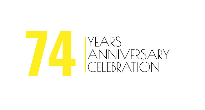 Celebrating 74 years: A milestone anniversary with modern typography and vibrant yellow numerals against a clean white background.