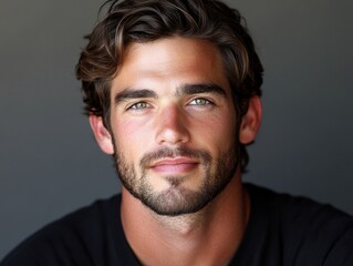Fototapeta premium Close up portrait of a handsome man with green eyes and dark hair staring intently into the camera against a gray background in a studio setting