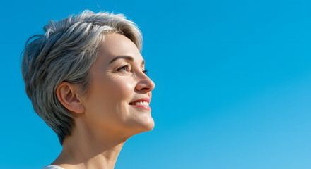 Woman Smiling Looking Up at Blue Sky Hope and Positivity