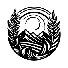 Minimalist Mountain & Moon Emblem Illustration with Leaves in Black and White Circle