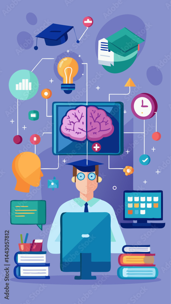 Poster a woman is sitting in front of a computer monitor with a tree on the screen. the tree is surrounded 