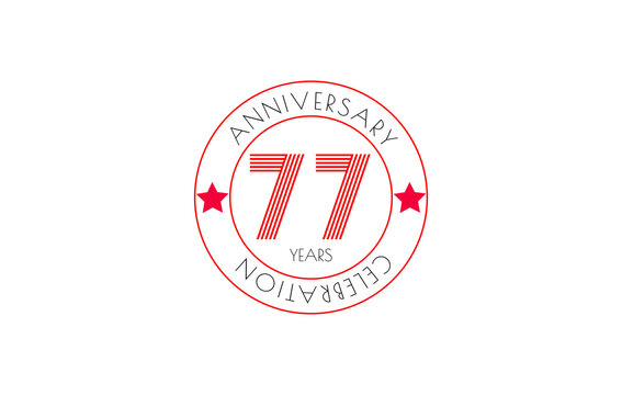 Seventy-seventh anniversary logo with the number '77' featuring parallel lines, red circle, and two red stars on a white background.
