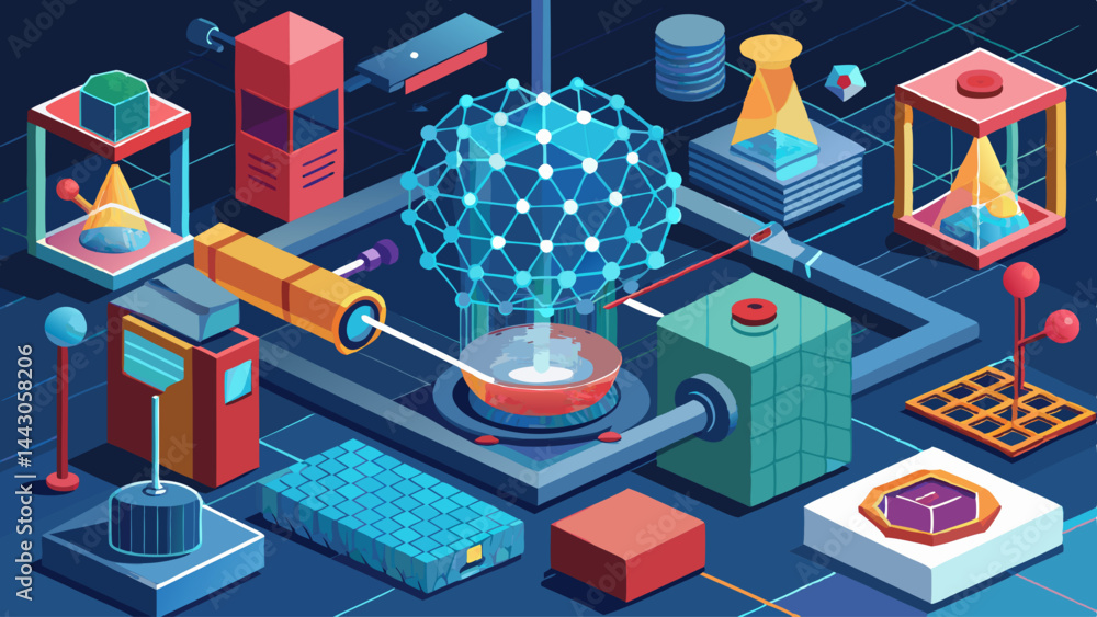Poster a colorful image of a lab with a glowing sphere in the center. the sphere is surrounded by various o