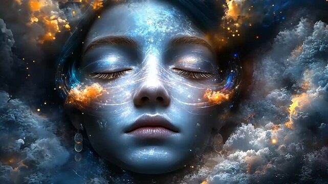 Serene face with closed eyes amidst cosmic clouds and ethereal light