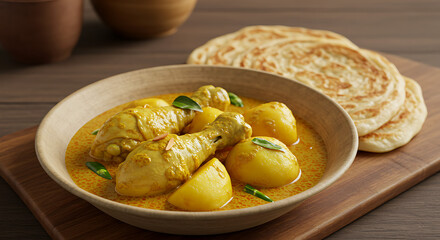 Delicious chicken curry, served in a wooden bowl with potato, accompanied by flatbread on a wooden board. A rich and savory dish.