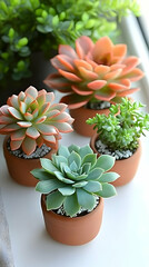 Succulent plants in pots adorn a windowsill green foliage subtly fills the background