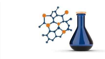 Dark blue Erlenmeyer flask with a cork stopper next to a diagram of a molecule with orange and blue atoms. The background is white, creating a clean, scientific aesthetic.