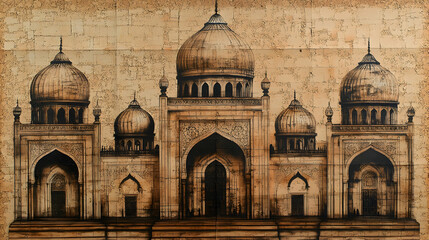 Obraz premium Ornate architecture of a grand building features domes arches and intricate details all rendered in sepia tones