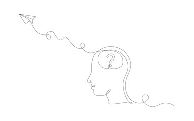 Continuous one line Mind and plane outline idea in brain head of human motion to target on airplane