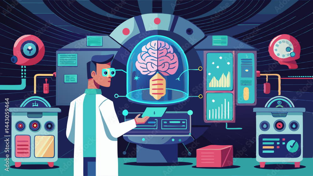 Poster a man in a lab coat is looking at a brain. the brain is in a glass case. the lab is filled with vari