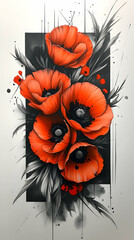 Vivid orange petals frame a dark center contrasting with monochrome foliage and abstract accents