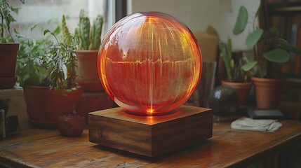 Warm light emits from a glass orb on a wooden base surrounded by plants on a weathered wooden table