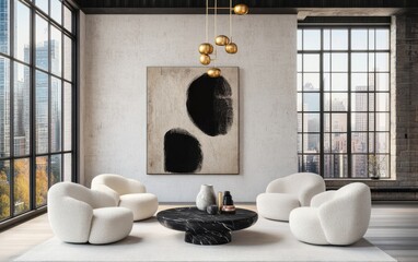 Cozy industrial loft, soft off white boucle armchairs, sculptural black marble coffee table, textured plaster accent wall, oversized abstract artwork