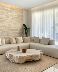 Luxury organic living room, oversized boucle sectional in deep sand tones, sculptural travertine coffee table, accent wall made of raw stacked limestone