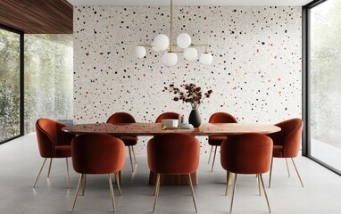 Luxury mid century dining area, retro walnut dining table with brass legs, burnt sienna velvet chairs, oversized glass pendant light, terrazzo feature