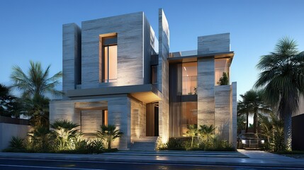 Fototapeta premium Modern, contemporary house facade at twilight.