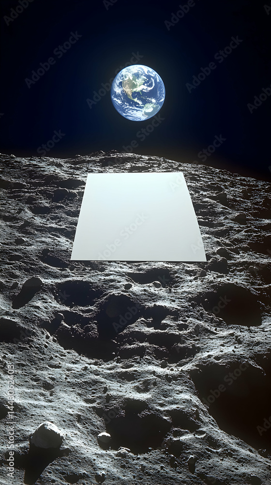 Poster lunar surface view with a white square object and earth rising in the background from dark space