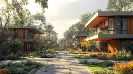 Modern housing project with lush greenery and contemporary architecture, creating serene