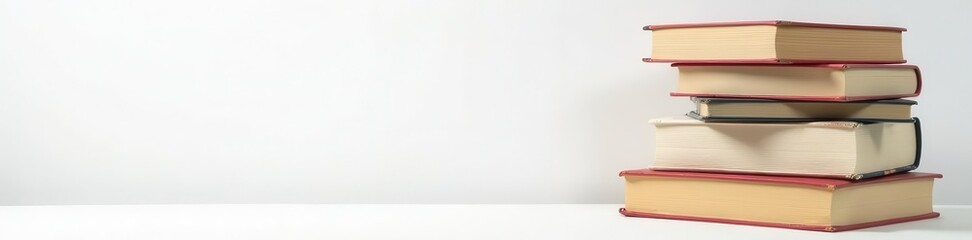 Varied height stacks of academic books, white backdrop , stack, vertical