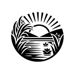 Minimalist Nature Emblem: Sun over Lake, Reeds, Lotus, Circle Logo