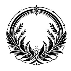 Fototapeta premium Graphic Black and White Circular Frame with Elegant Stylized Floral and Leaf Wreath Design