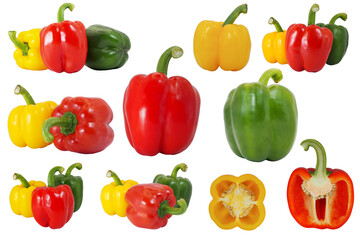 Colorful Bell Peppers Isolated on White Background. Ideal for promoting fresh produce, healthy recipes, diet plans, or use in supermarket advertising and packaging designs.